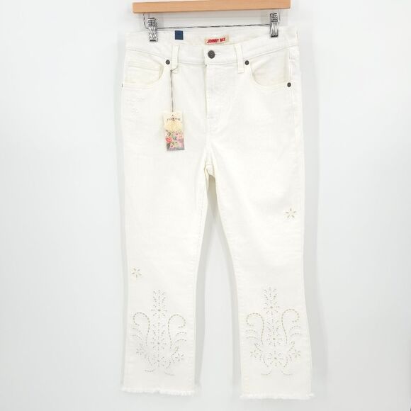 Johnny Was Pashmina White Eyelet Jeans Boot Cut Cropped Mid-Rise Slim Fit 28 - Picture 1 of 16